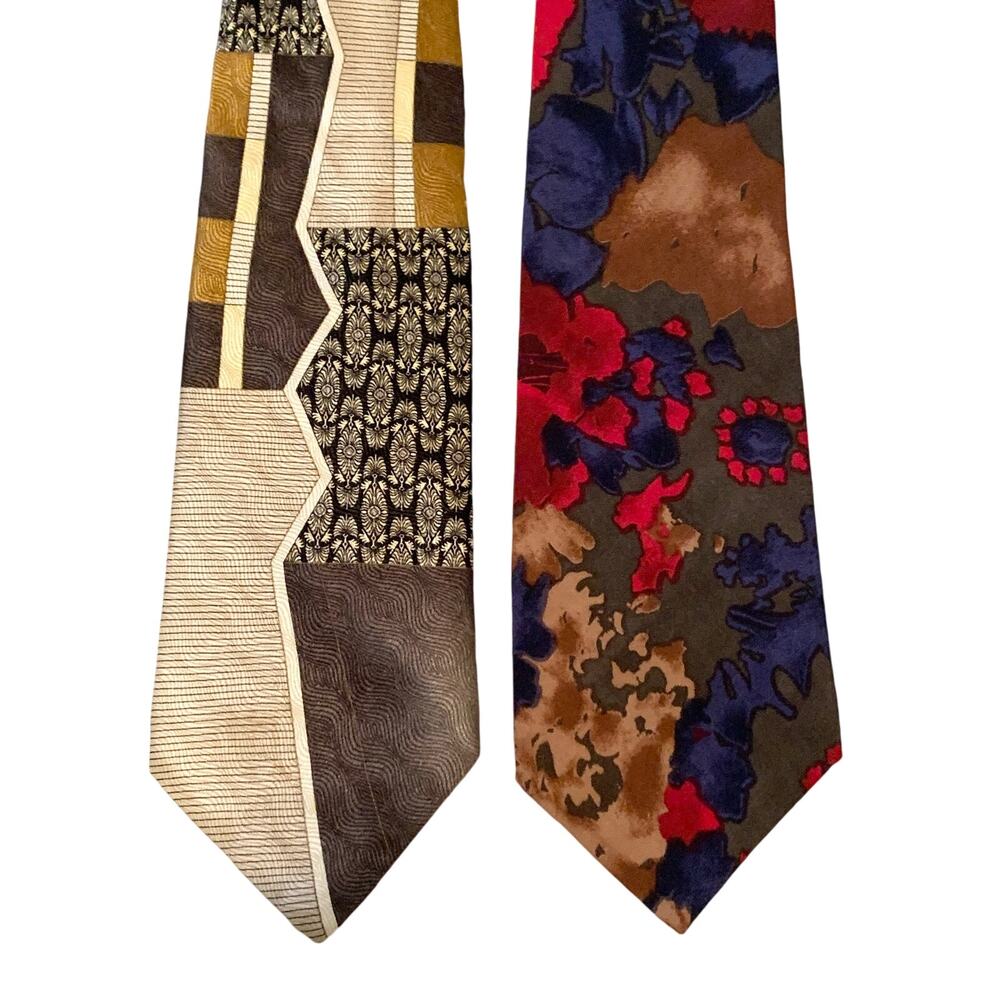 H.John’s & La Scala 2 Pc Men’s Neck Ties Neutral Colors & Bold Abstract Colors